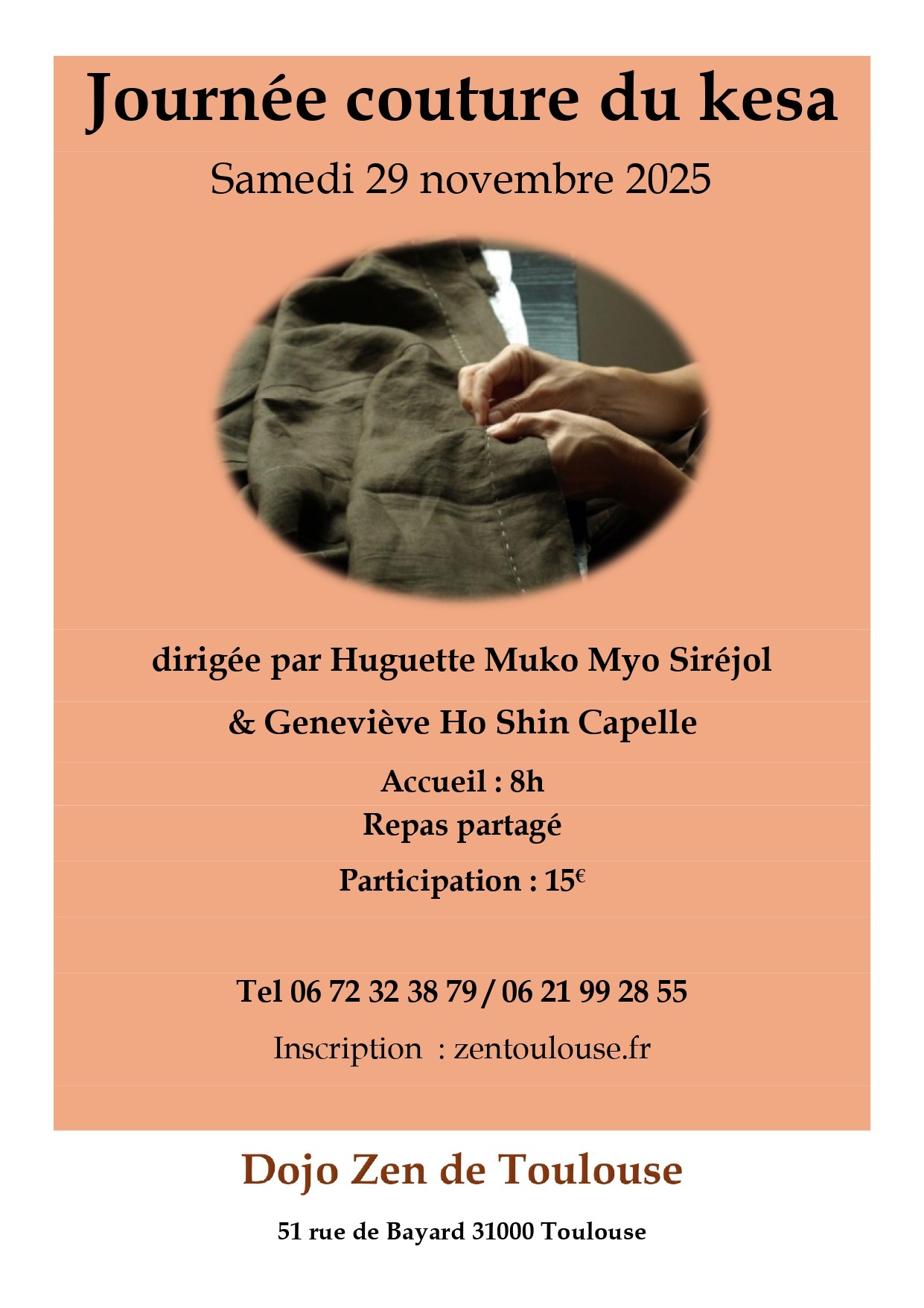 Couture du kesa. Dojo de Toulouse. Journée de couture le 29 novembre 2025