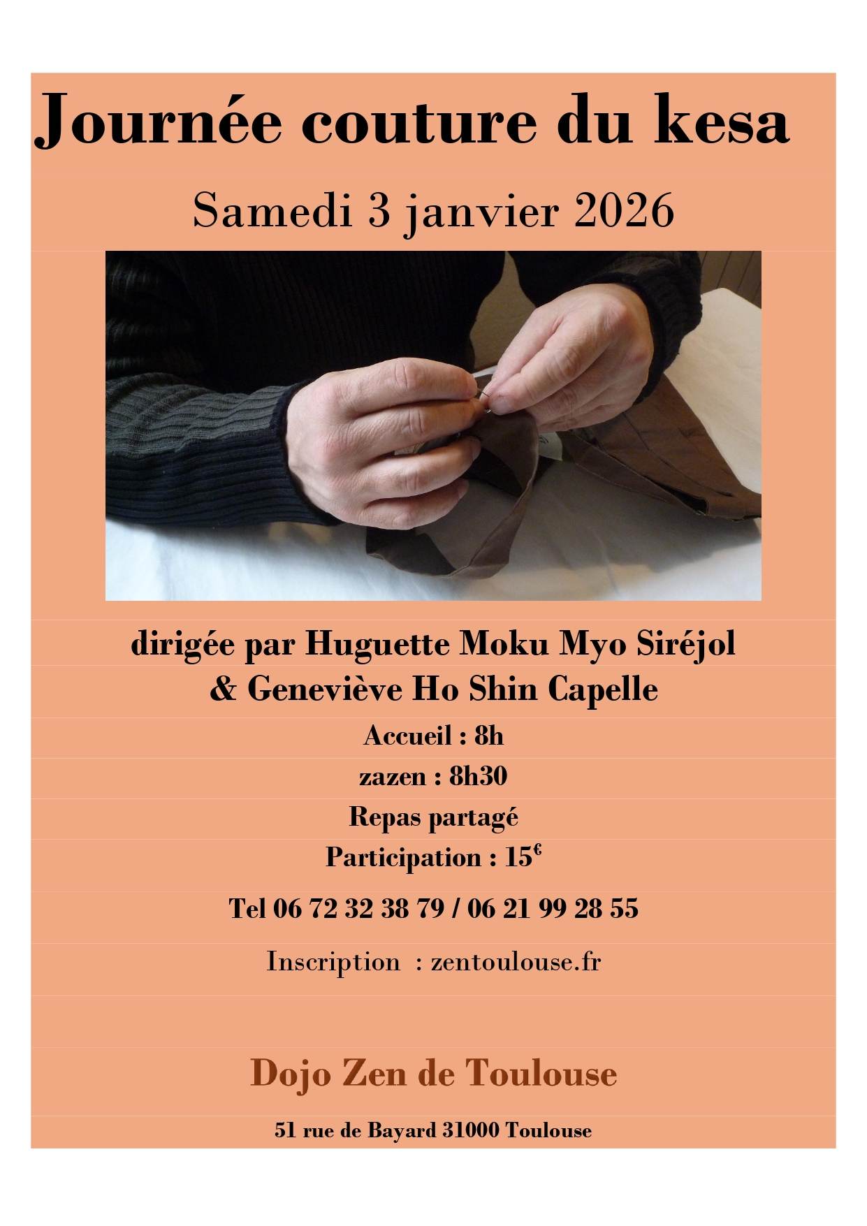 journée de couture du kesa au dojo zen de Toulouse. Samedi 3 janvier 2026