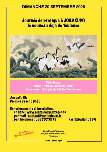 Marie-Thérèse Faur , nonne zen disciple de maître Taisen Deshimaru. Journée de pratique au dojo Zen de Toulouse, 114 rue Saint Roch. Dimanche 2à septembre 2026